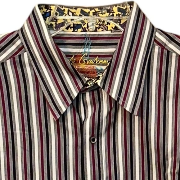 Robert Graham‎ Red White Black Striped Cotton Button Down Dress Shirt Size XL - Picture 2 of 9